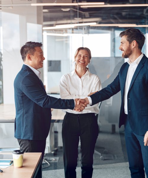 Young happy leader shaking hand with businessman for congratulation success presentation new project Young happy leader shaking hand with businessman for congratulation success presentation new project